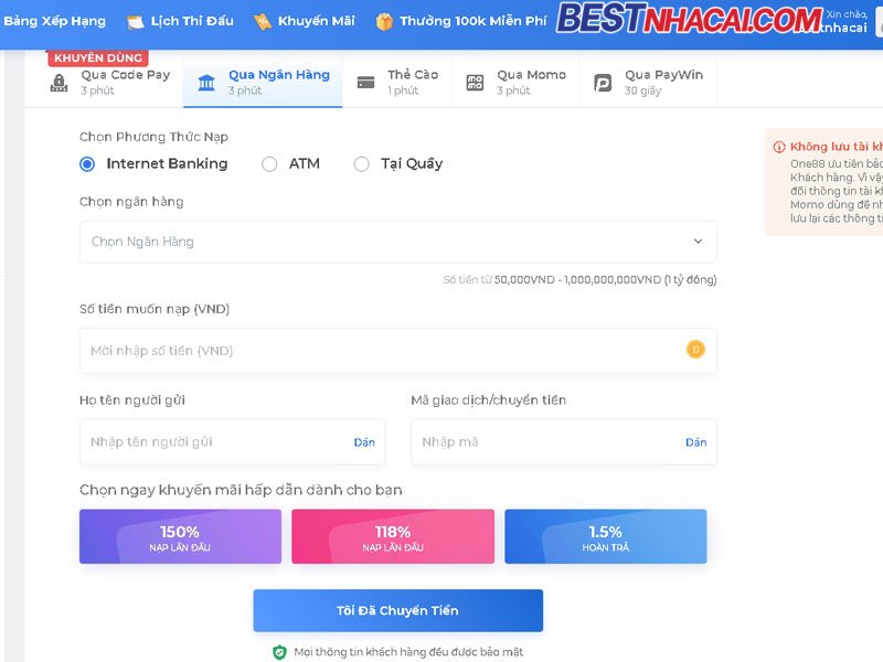 Hướng dẫn cách nạp tiền vào tài khoản nhà cái ONE88